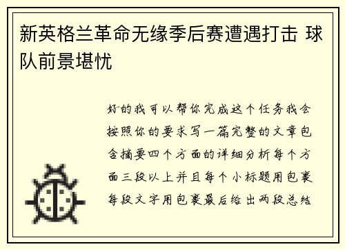 新英格兰革命无缘季后赛遭遇打击 球队前景堪忧 新英格兰革命无缘季后赛遭遇打击 球队前景堪忧